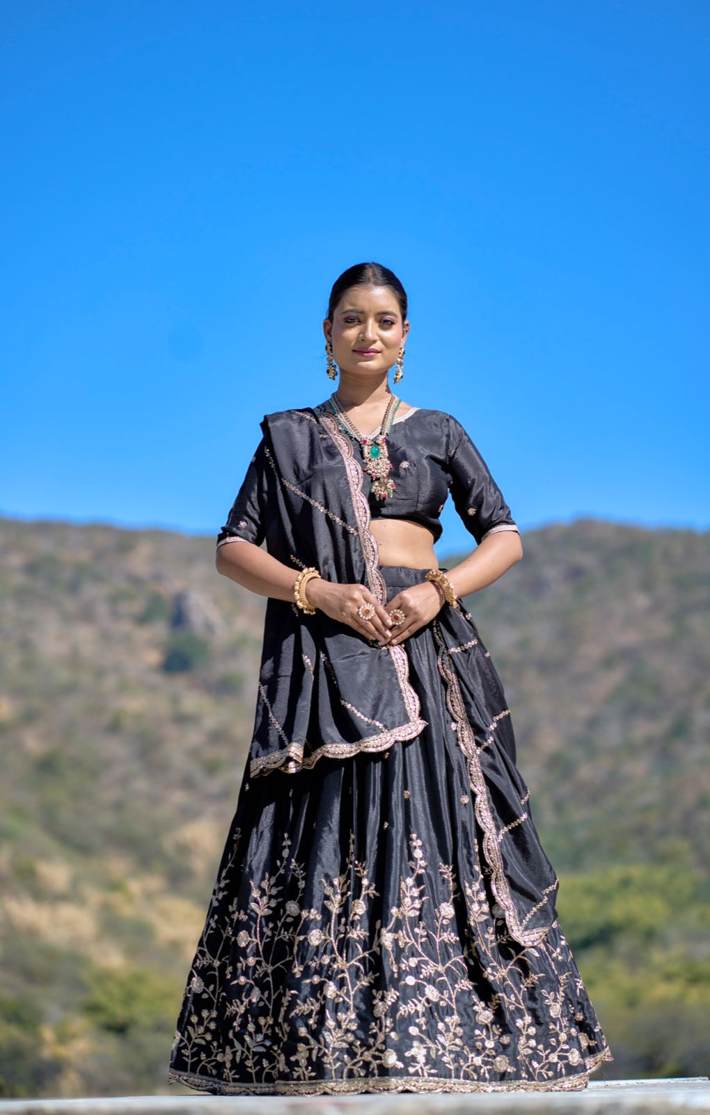 ES Heavy Chinon Silk Lehenga, Blouse & Dupatta with exquisite embroidery and zari work,