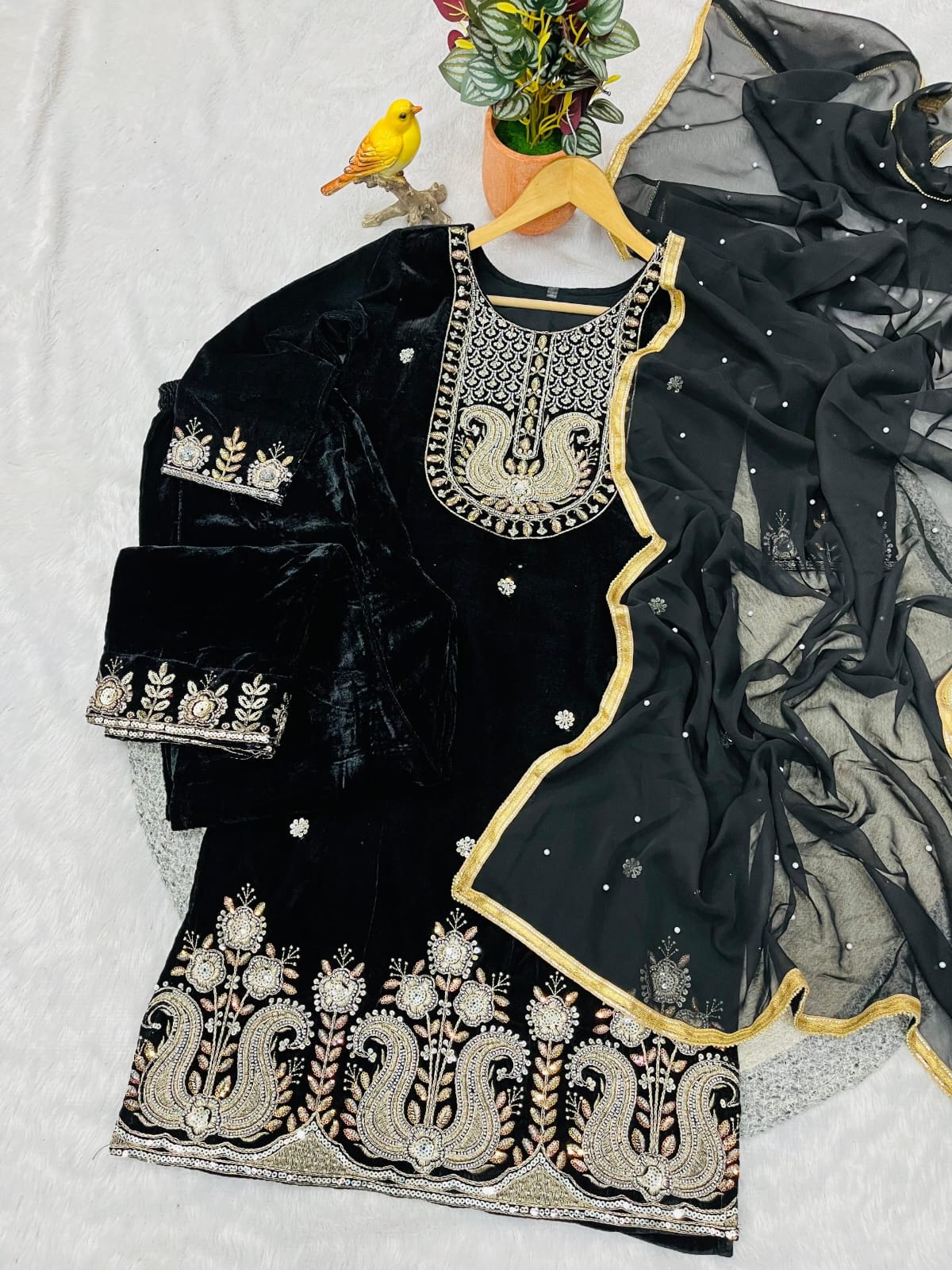 RE Designer 9000 Velvet Embroidered Suit Set with Sequin Work & Pearl Lace Dupatta (M-XXL)