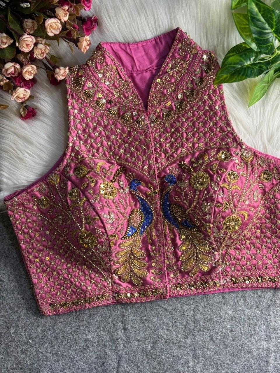 YNF Ready-to-Wear Padded Blouse Italian Silk Halter Neck with Heavy Hand Embroidery