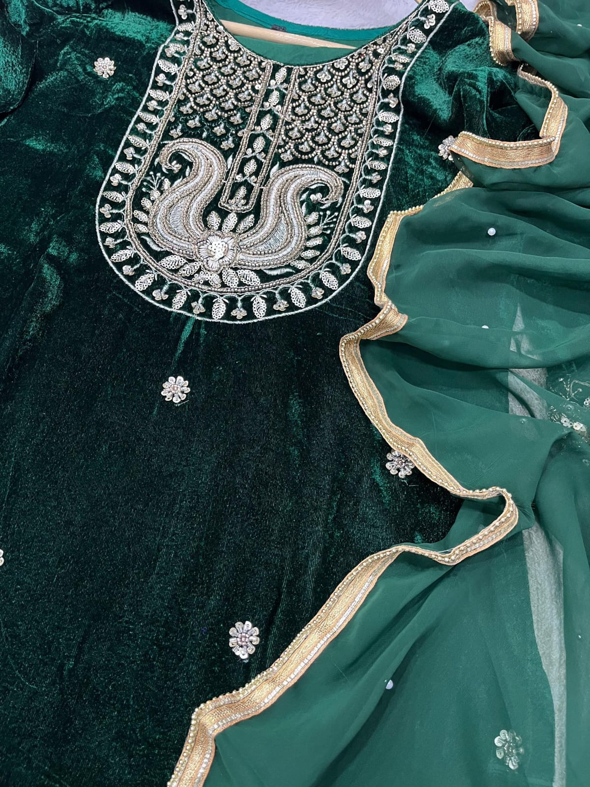 RE Designer 9000 Velvet Embroidered Suit Set with Sequin Work & Pearl Lace Dupatta (M-XXL)