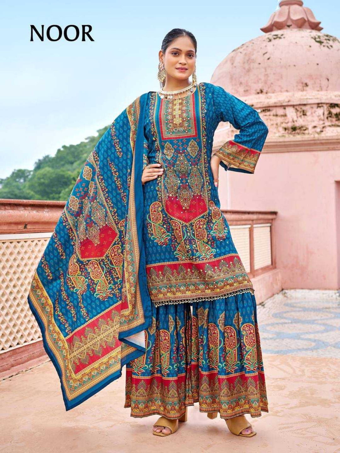 YNF Pure Crape Silk Fully Stitched Sharara Suit with Digital Print & Real Mirror Work