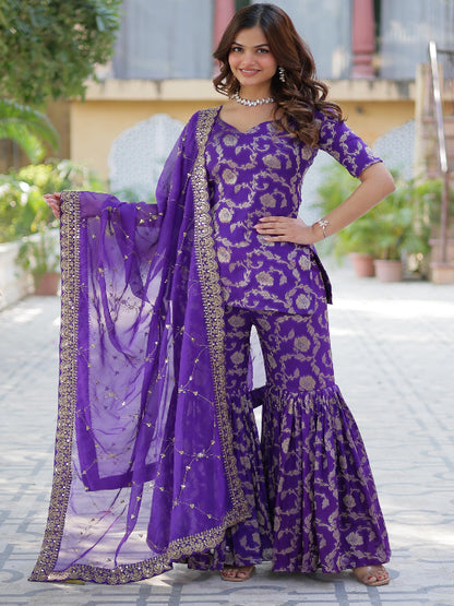 ES Georgette Jacquard Top, Gharara, and Dupatta with Sequins Embroidery and Lace Border
