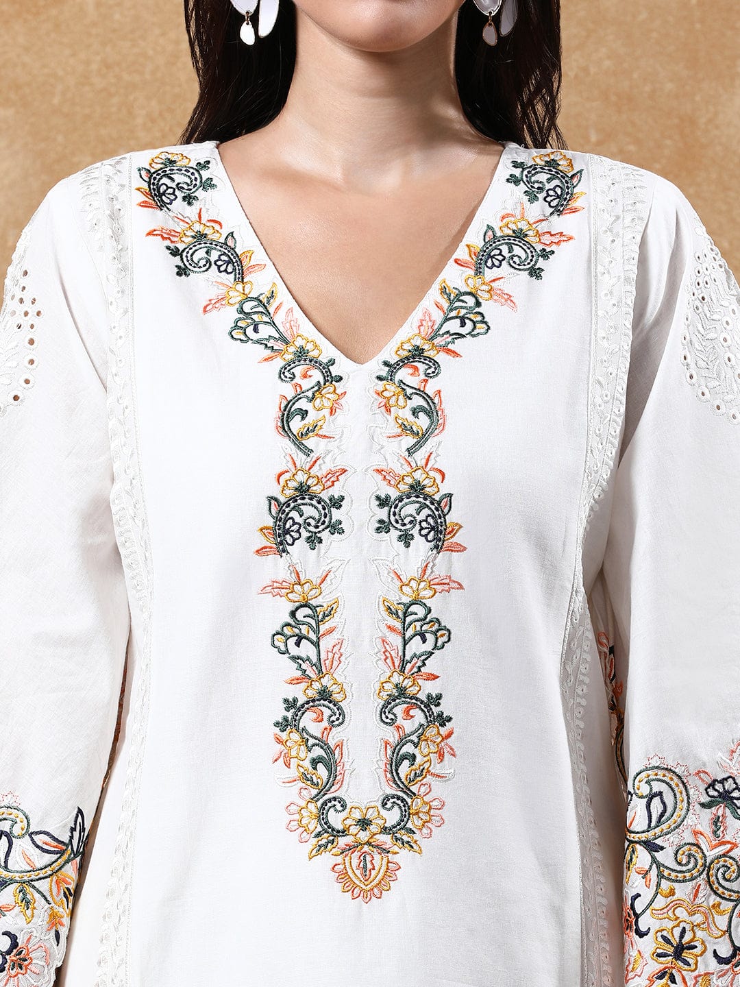 Varanga Women's Black Pure Cotton Embroidered Straight Kurta with Trousers