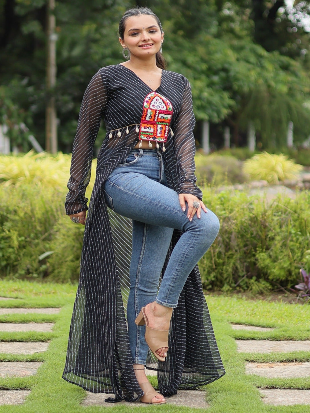 ES front open long kurti with Leheriya print and kutchi patchwork