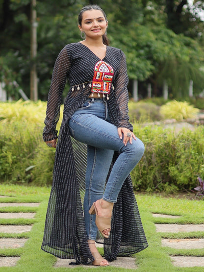 ES front open long kurti with Leheriya print and kutchi patchwork