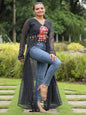 ES front open long kurti with Leheriya print and kutchi patchwork