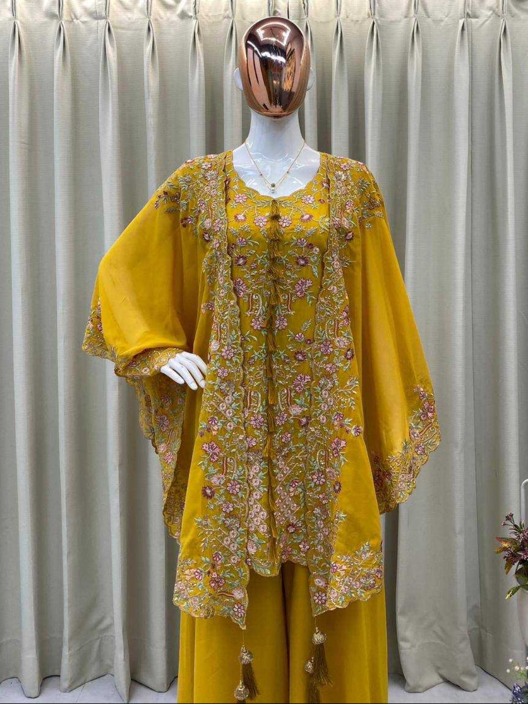 Women's Faux Georgette Sequence Embroidered 3-Piece Shrug, Kurta & Palazzo Set - RE