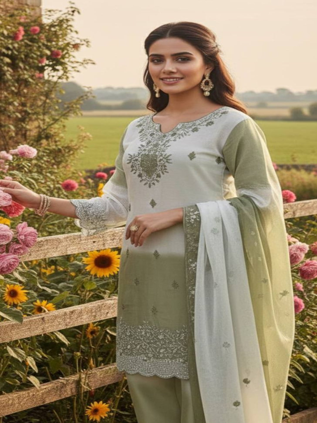 RE Pakistani Pure GMY Silk Digital Printed Suit Set with Embroidery & Cut-Work Sleeves (Sizes M-XXL)