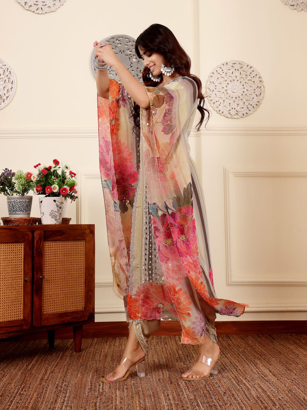 KF Colored Pure Silk Gotta And Mirror Embellished Kaftan With Tulip Pants