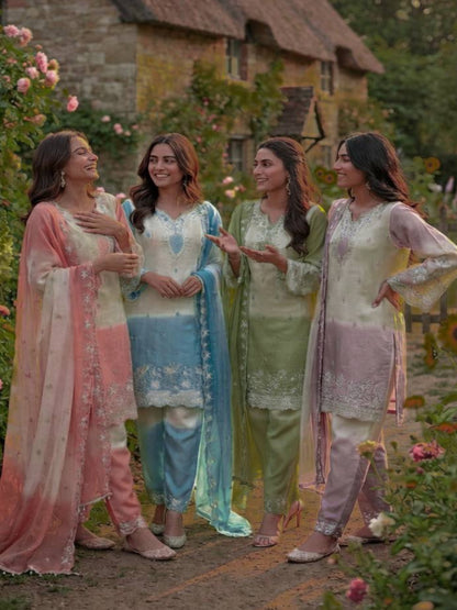 RE Pakistani Pure GMY Silk Digital Printed Suit Set with Embroidery & Cut-Work Sleeves (Sizes M-XXL)