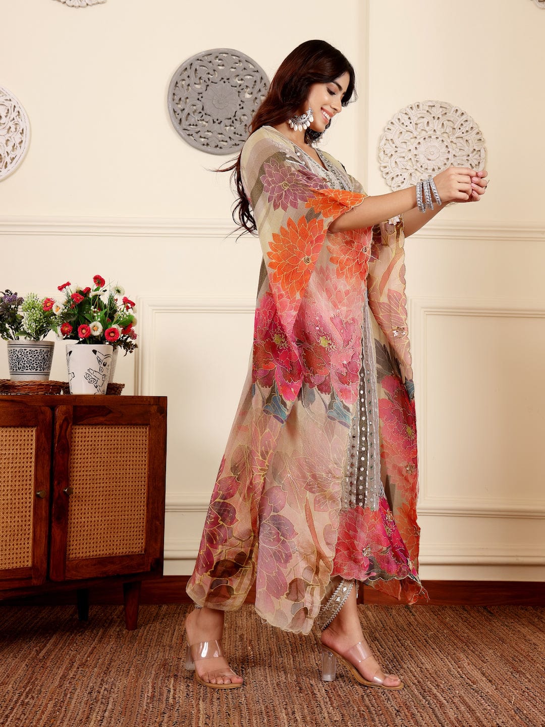 KF Colored Pure Silk Gotta And Mirror Embellished Kaftan With Tulip Pants