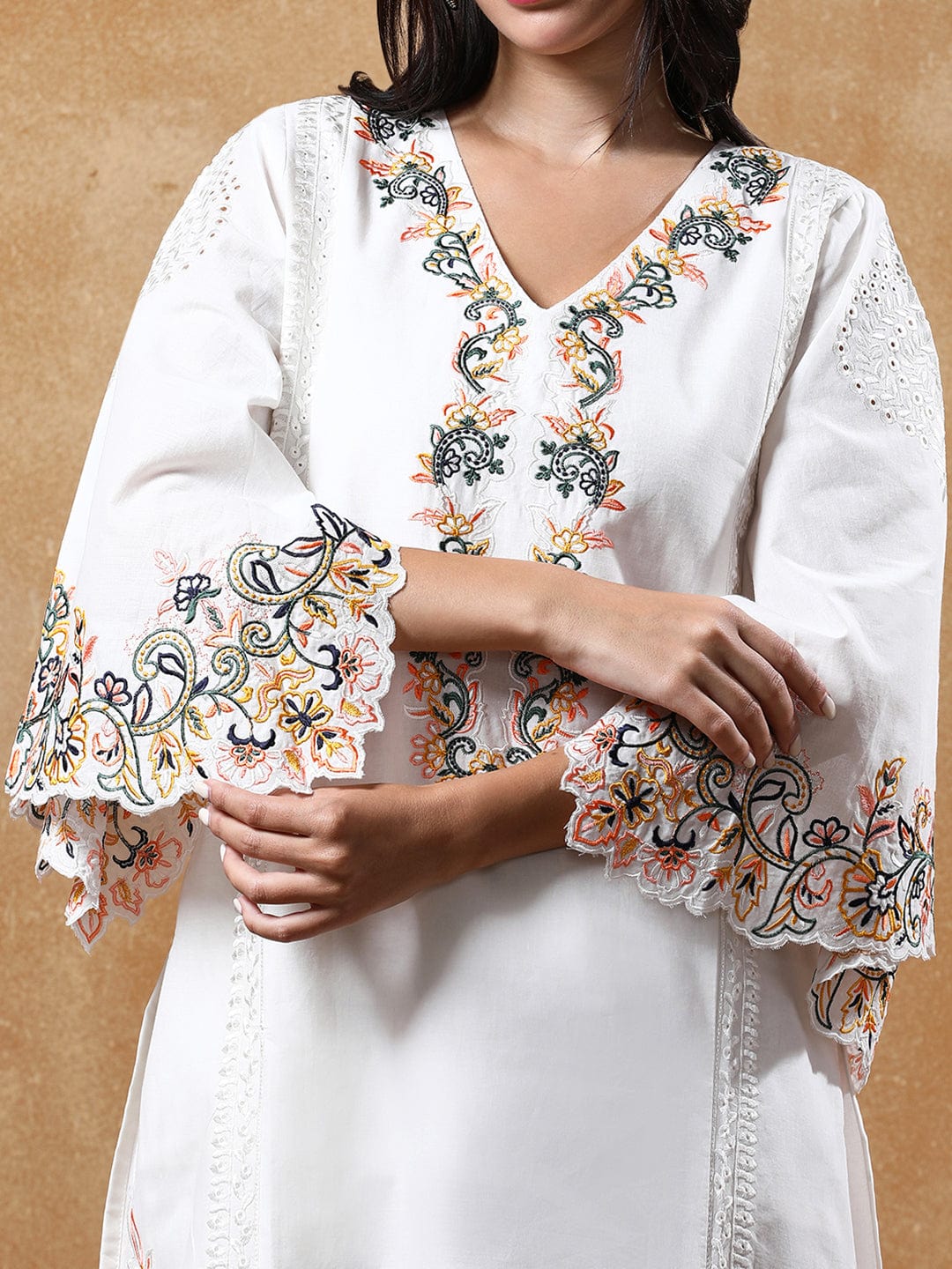 Varanga Women's Black Pure Cotton Embroidered Straight Kurta with Trousers