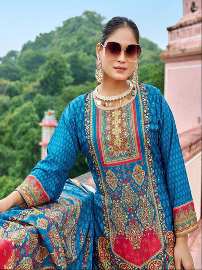 YNF Pure Crape Silk Fully Stitched Sharara Suit with Digital Print & Real Mirror Work