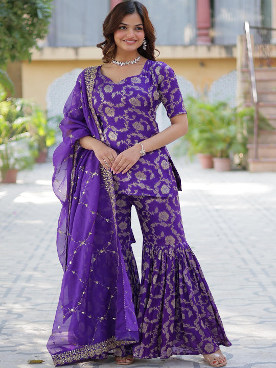 ES Georgette Jacquard Top, Gharara, and Dupatta with Sequins Embroidery and Lace Border