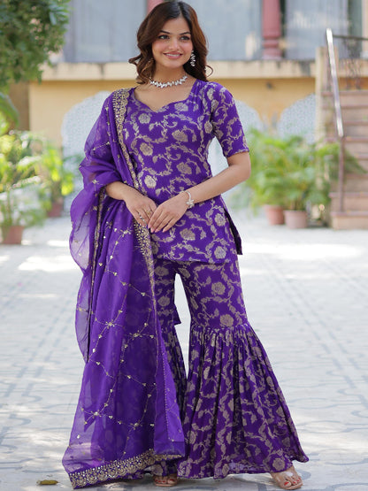 ES Georgette Jacquard Top, Gharara, and Dupatta with Sequins Embroidery and Lace Border
