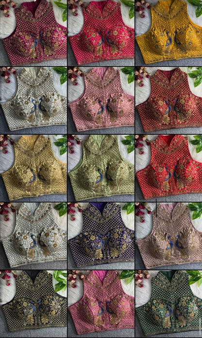 YNF Ready-to-Wear Padded Blouse Italian Silk Halter Neck with Heavy Hand Embroidery