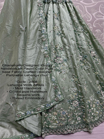 ES Gold Crush Pure Fabric Lehenga with Motif & Crystal Pipe Handwork