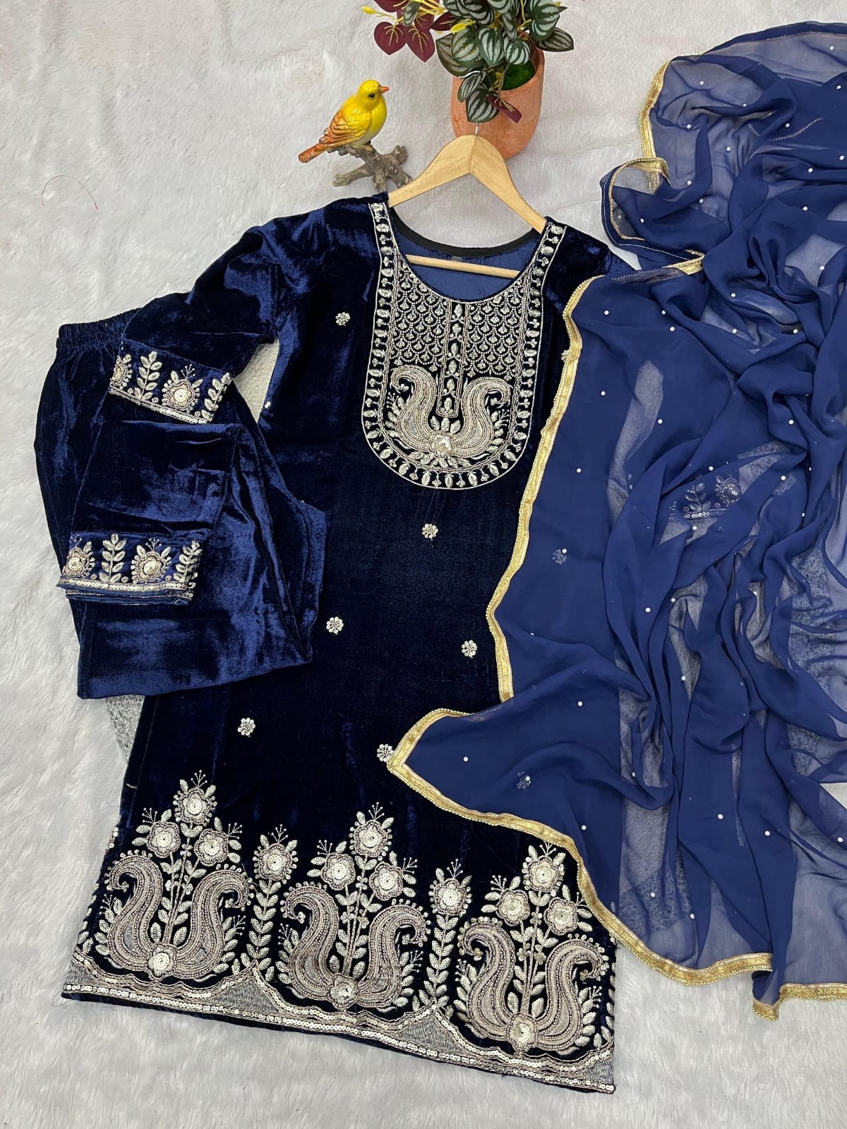 RE Designer 9000 Velvet Embroidered Suit Set with Sequin Work & Pearl Lace Dupatta (M-XXL)