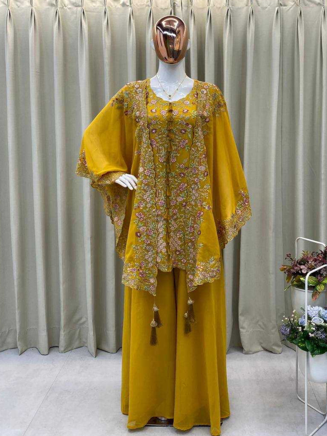 Women's Faux Georgette Sequence Embroidered 3-Piece Shrug, Kurta & Palazzo Set - RE