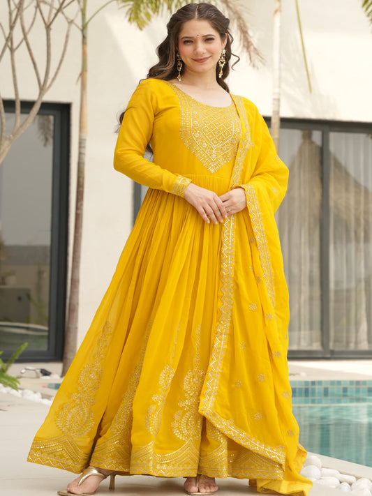 ES Embroidered Faux Blooming Gown with Dupatta – Festive & Party Wear