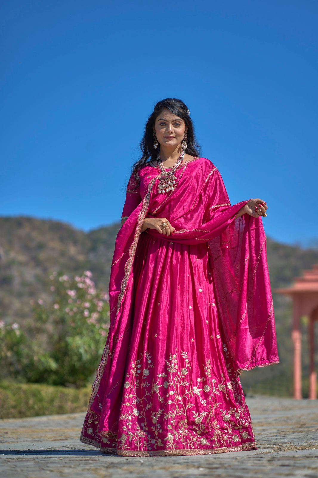ES Heavy Chinon Silk Lehenga, Blouse & Dupatta with exquisite embroidery and zari work,