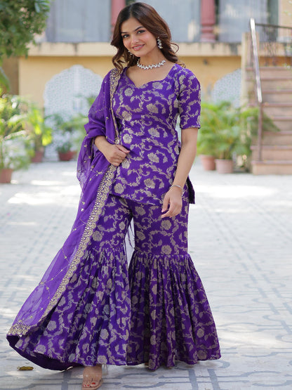 ES Georgette Jacquard Top, Gharara, and Dupatta with Sequins Embroidery and Lace Border