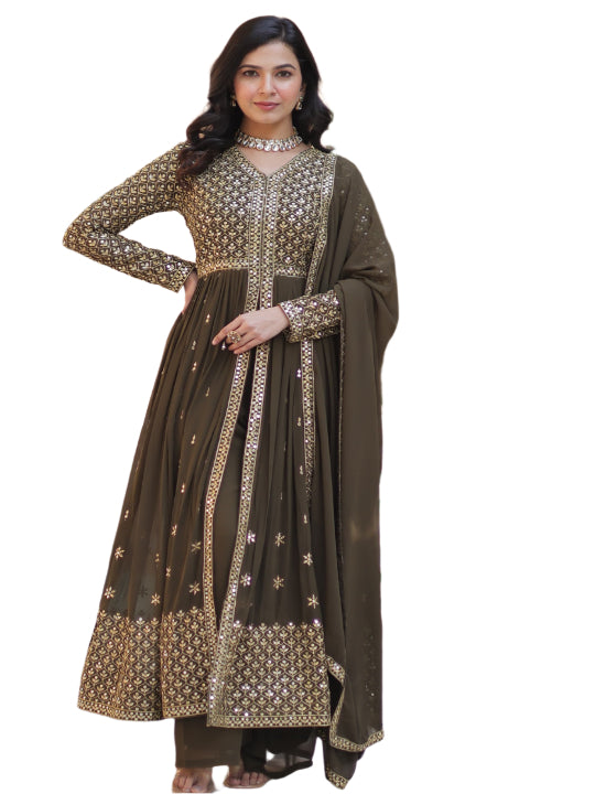 ES Faux Georgette with Embroidered Work Readymade Kurti with Pant & Dupatta Set