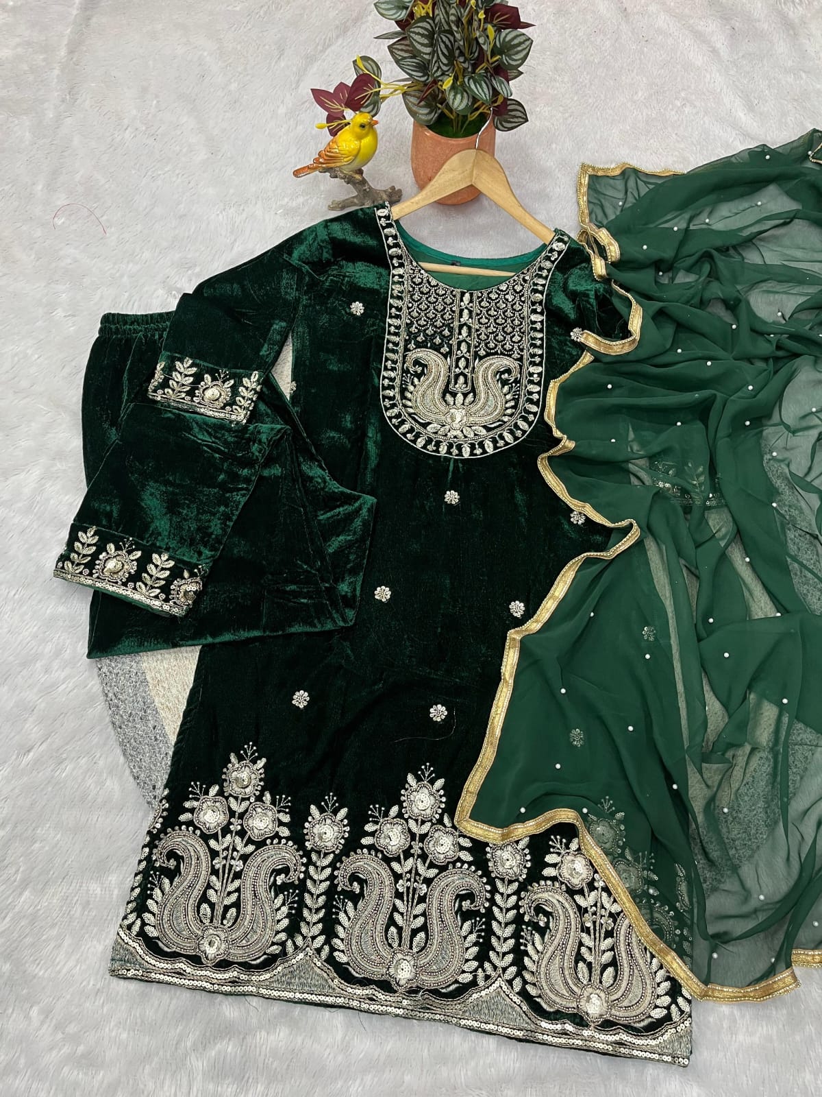 RE Designer 9000 Velvet Embroidered Suit Set with Sequin Work & Pearl Lace Dupatta (M-XXL)