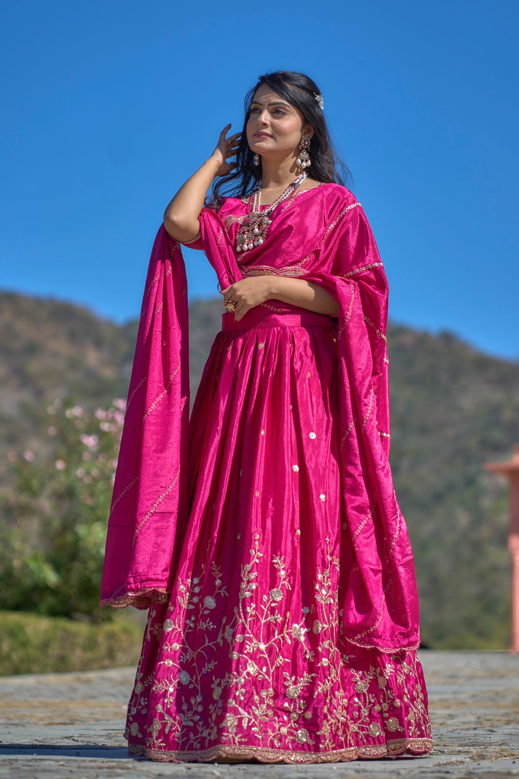 ES Heavy Chinon Silk Lehenga, Blouse & Dupatta with exquisite embroidery and zari work,