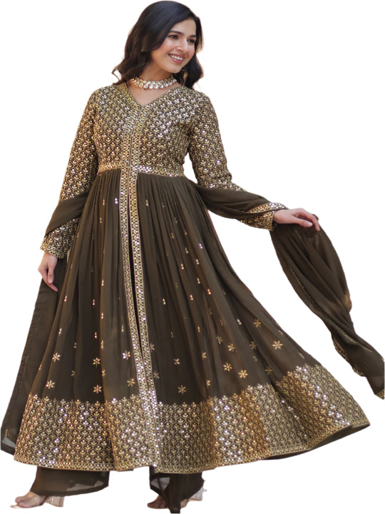 ES Faux Georgette with Embroidered Work Readymade Kurti with Pant & Dupatta Set