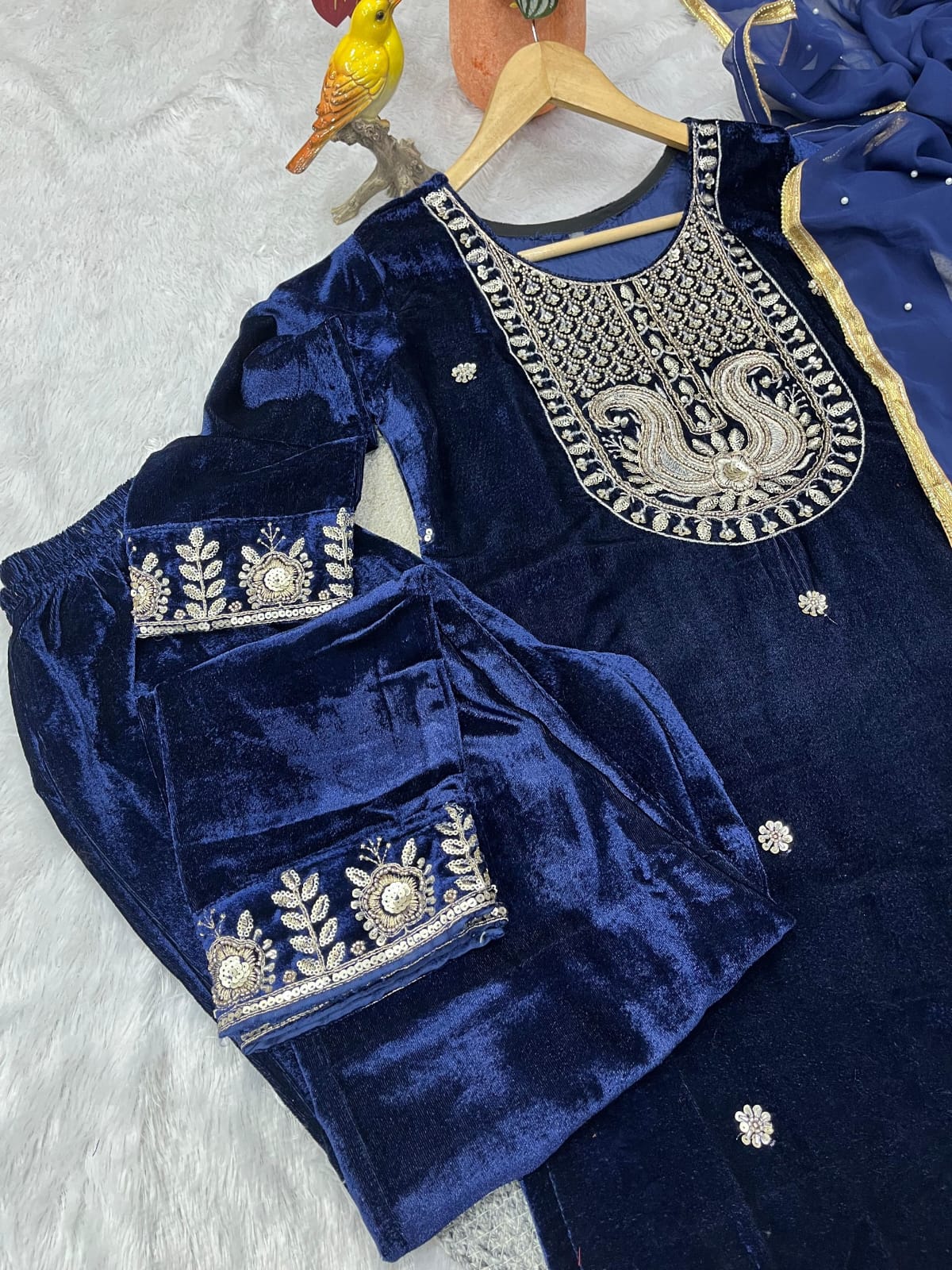 RE Designer 9000 Velvet Embroidered Suit Set with Sequin Work & Pearl Lace Dupatta (M-XXL)