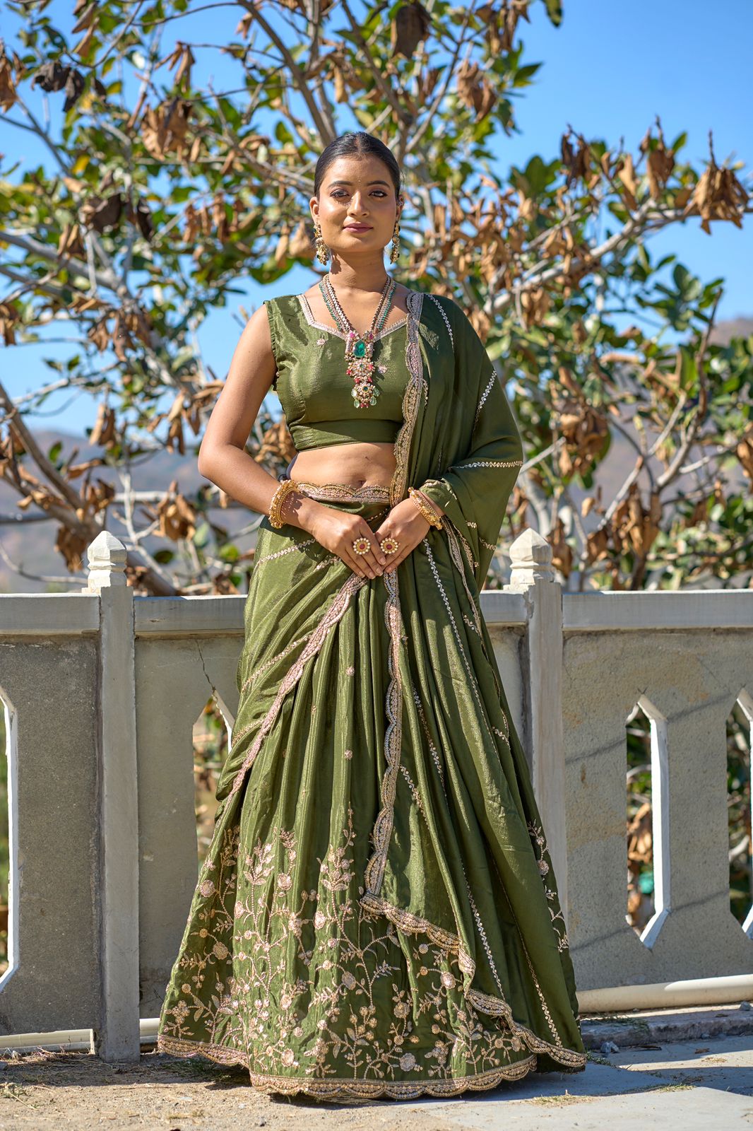 ES Heavy Chinon Silk Lehenga, Blouse & Dupatta with exquisite embroidery and zari work,