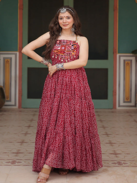 ES Bandhani Printed Sleeveless Gown with kutchi patchework in Faux Georgette.