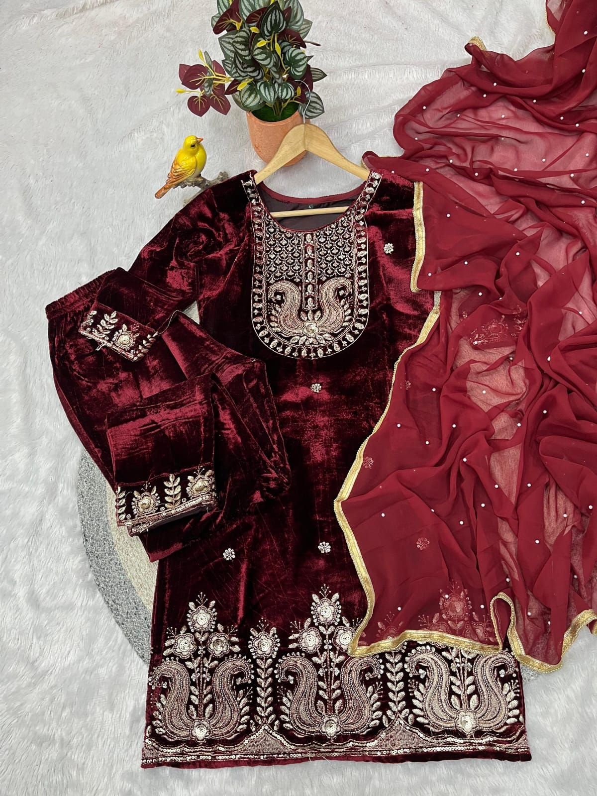 RE Designer 9000 Velvet Embroidered Suit Set with Sequin Work & Pearl Lace Dupatta (M-XXL)