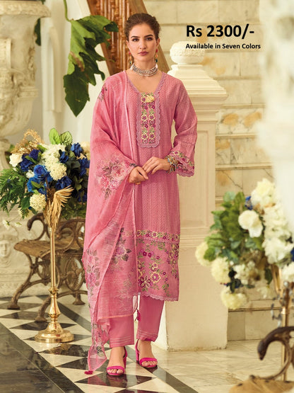 KF Women Floral Motif Thread Embroidered & Orangza Lace Detailed Kurta With Trouser & Dupatta