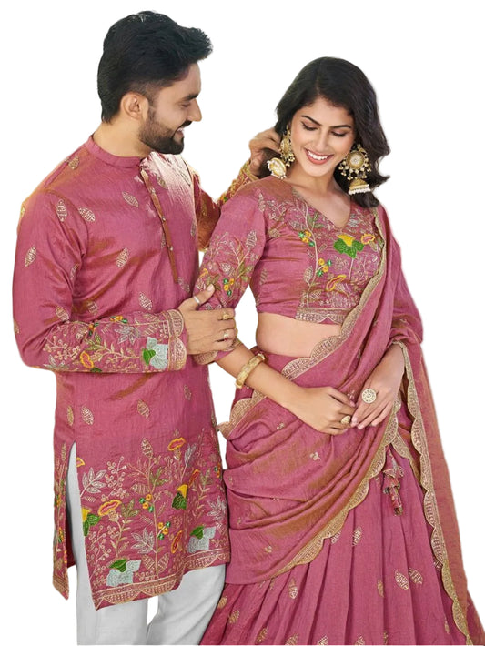 RE Luxury Crunchy Silk Couple Combo – Embroidered Lehenga & Men's Kurta Set