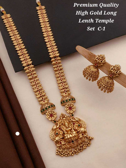 YNF Premium High Gold Long Temple Necklace Set with Jhumka Earrings for Weddings