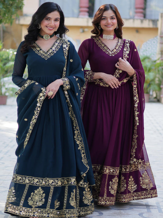 ES Luxury Designer Gown & Dupatta with Zari & Sequins Embroidery