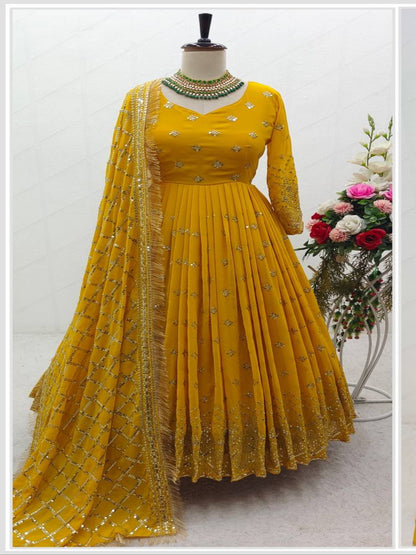 RE Heavy Fox Georgette Sequence Embroidery Gown Set with Butter Silk Pants & Zalar Dupatta