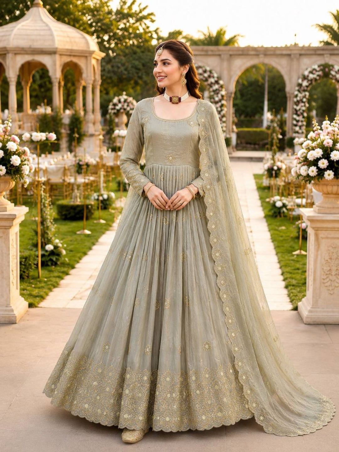 RE Gold Crazy Sequence Embroidery Fully Stitched Gown with Dupatta