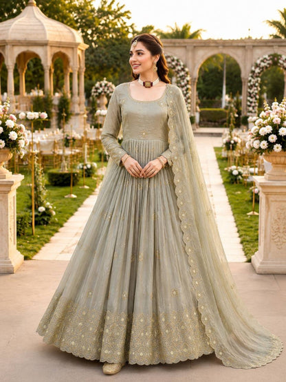 RE Gold Crazy Sequence Embroidery Fully Stitched Gown with Dupatta