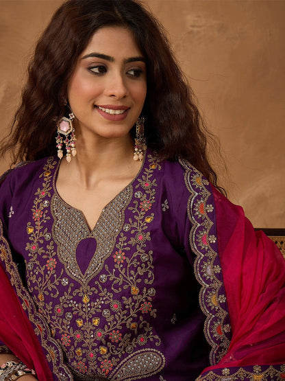 KF Zari Embroidered A line kurta With Trouser & contrast Dupatta