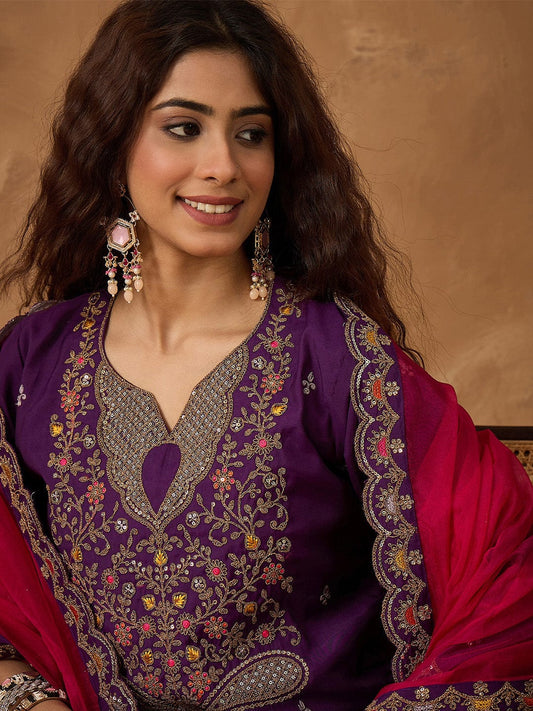 KF Zari Embroidered A line kurta With Trouser & contrast Dupatta