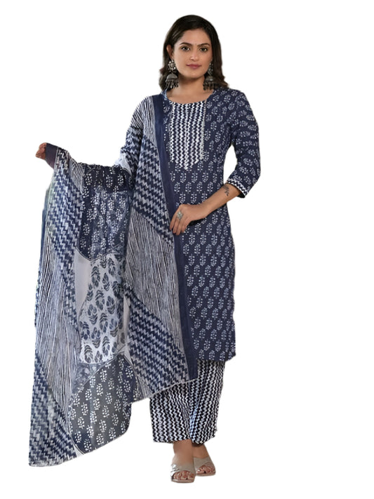 ICF Women Blue Floral Cotton Kurti Set with Pant & Dupatta