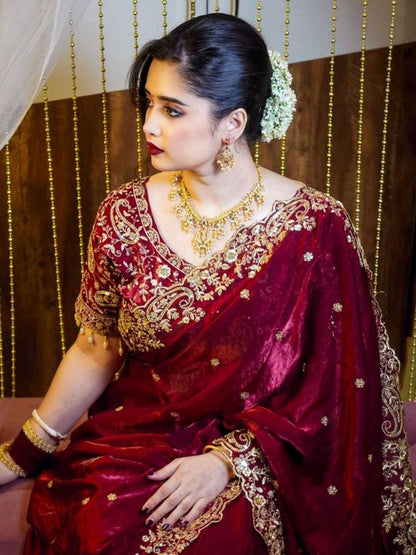 YNF Space Silk Embroidery Work Saree (5.5m) with Fully Stitched Maroon Blouse