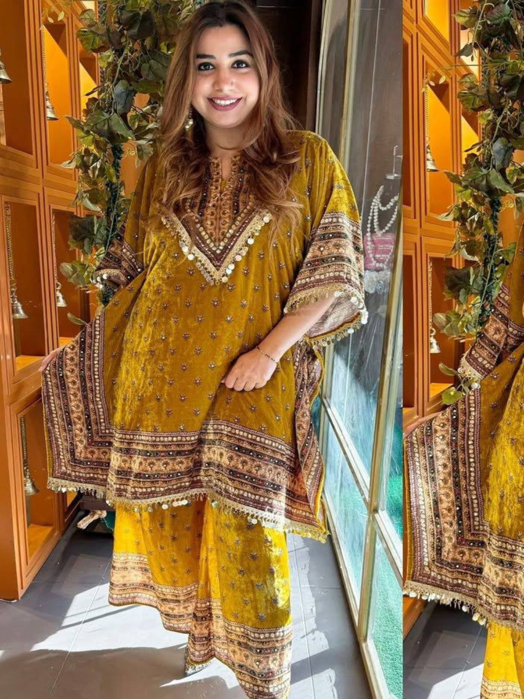 YNF Elegant Kaftan Dress Set (Navy/Yellow) | Viscose Velvet Fabric