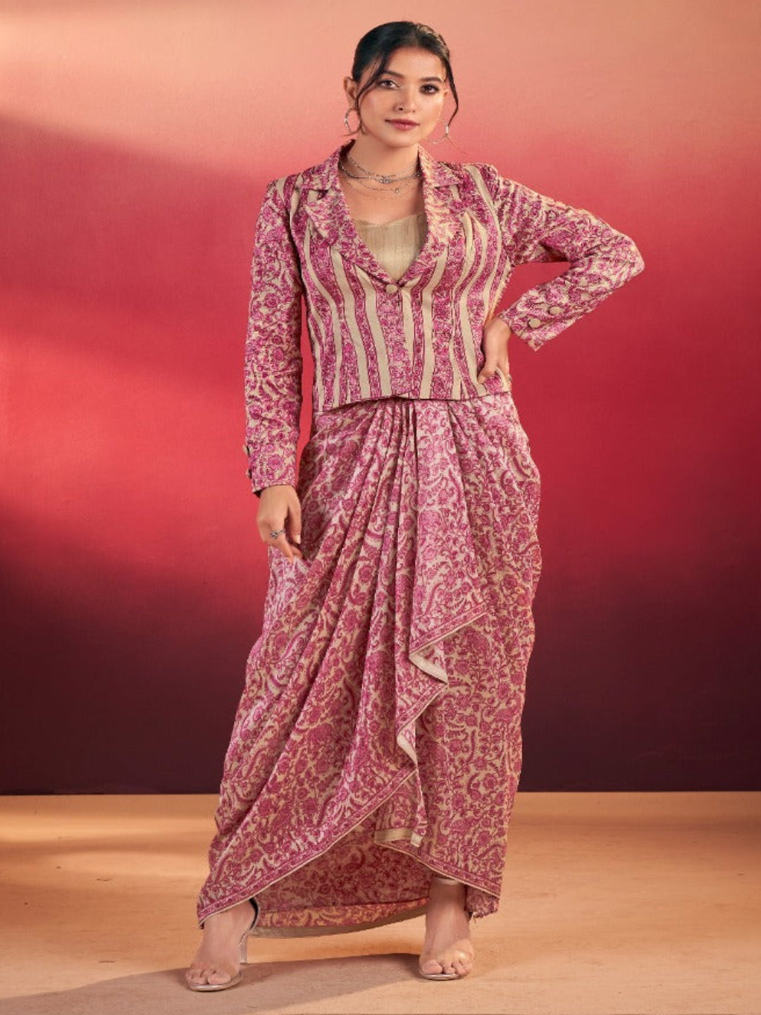 Women's Tasar Silk Printed 3-Piece Indo Western - Stitched Blouse, Top & Trousers- RE