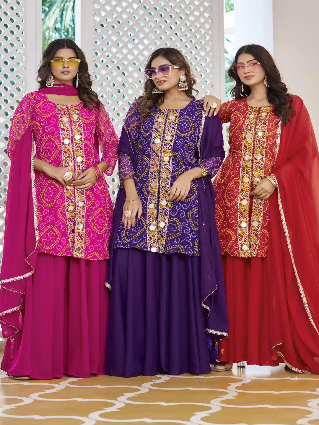 ES Designer Bandhani Print Fox Georgette Kurti Set with Authentic Mirror & Bead Work