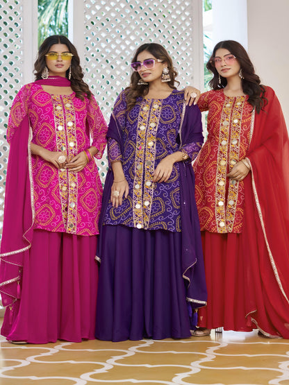 ES Designer Bandhani Print Fox Georgette Kurti Set with Authentic Mirror & Bead Work