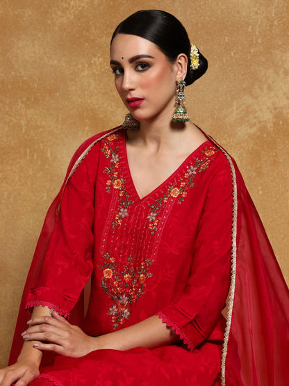 KF Floral Motif Thread Embroidered Yoke Kurta with Trouser & Dupatta